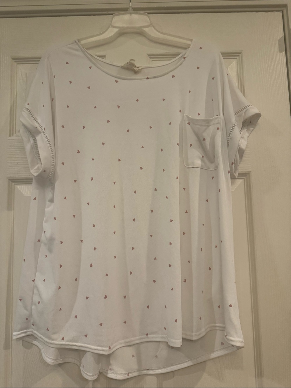 Women's White Short Sleeve Pocket Tee with Tiny Pink Heart Print